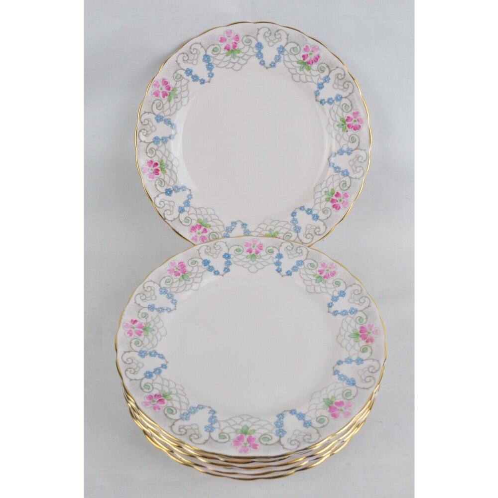 Vintage Tuscan Bone China Salad Plates 8in Set 7 Floral Gold Trim Scalloped